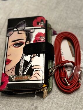 Nicole Lee Black Phone Crossbody Wallet with Red Strap and Floral Art